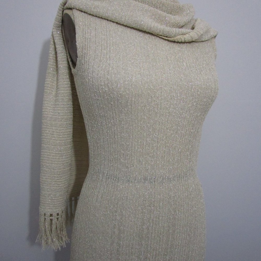 S 1960s Pinup Wiggle Bodycon Dress w Fringe Scarf Linen Champagne Metallic - Picture 4 of 11
